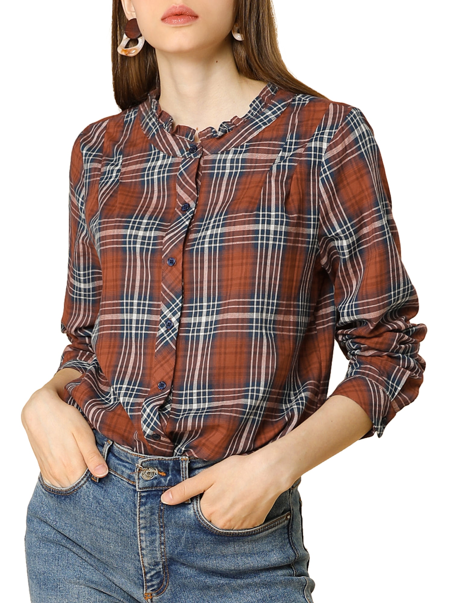 Unique Bargains Allegra K Women S Fall Blouse Long Sleeve Ruffle Neck Plaid Shirt Red