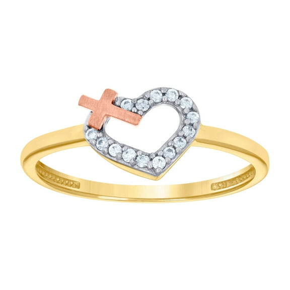 10k Tri-color Gold Womens Cubic Zirconia Religious Faith Cross Love Heart Ring 7.2x1.4mm Wide Statement Ring for Women