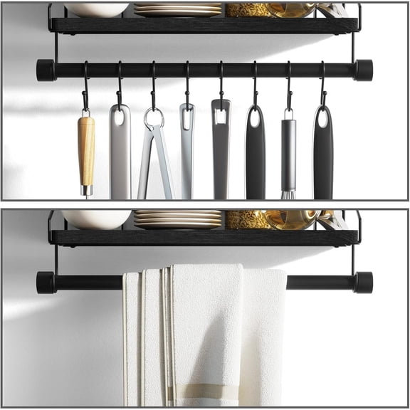 Floating Shelves Wall Shelves, Wall Mounted with Towel Bar, Rustic Wood Shelf with Hooks for Hanging Utensils or Mugs