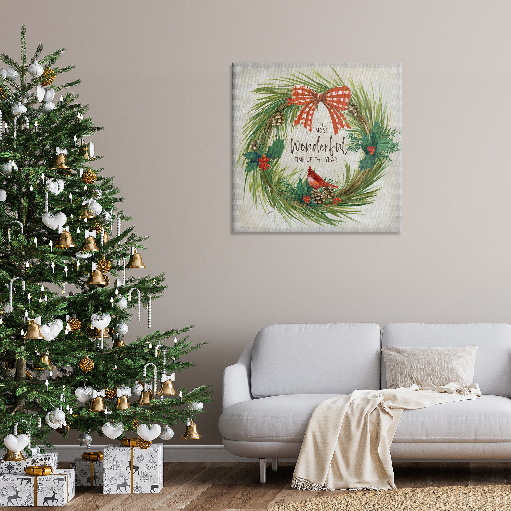 Stupell Industries Most Wonderful Time Wreath Holiday Painting Gallery Wrapped Canvas Art Prints Wall Art, 36 x 36
