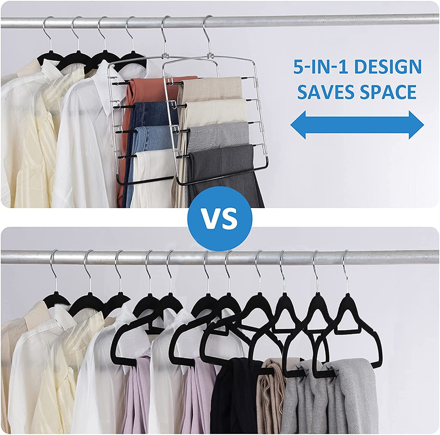 Mastom 4 Pack 5 in 1 Space Saving Hangers, Multilayer Metal Clothes Hanger Space Saver Coat Hangers, Anti-Slip Foam Padded Shirt Suit Hanger for