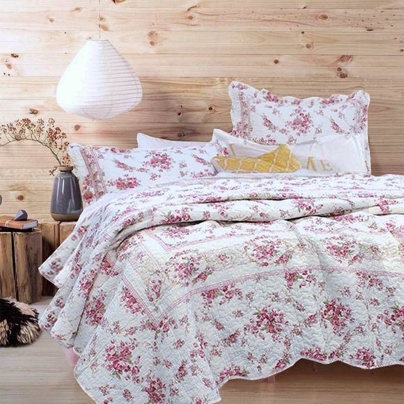 Cozy Line Home Fashions Vintage Rose 2-Piece Quilt Bedding Set, Pink Floral Flower Printed 100% Cotton Reversible Coverlet Bedspread (Rose, Twin - 2 Piece)
