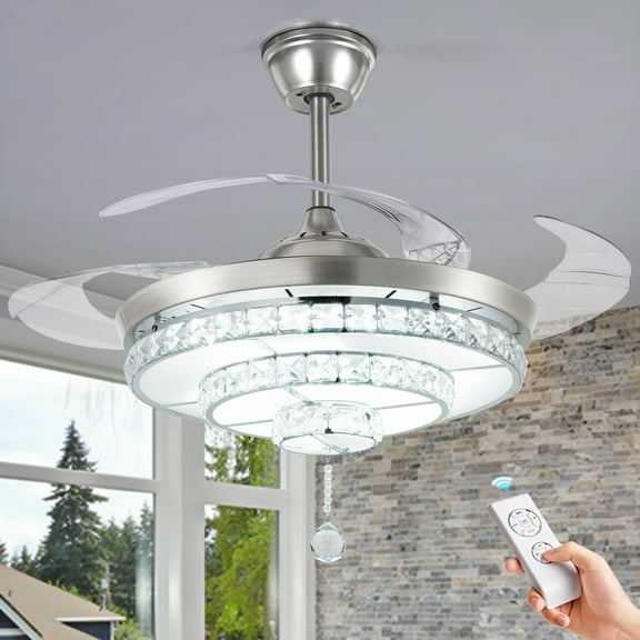 More Change 42" Invisible Crystal Ceiling Fan Light Remote Control LED 3-Color Chandelier