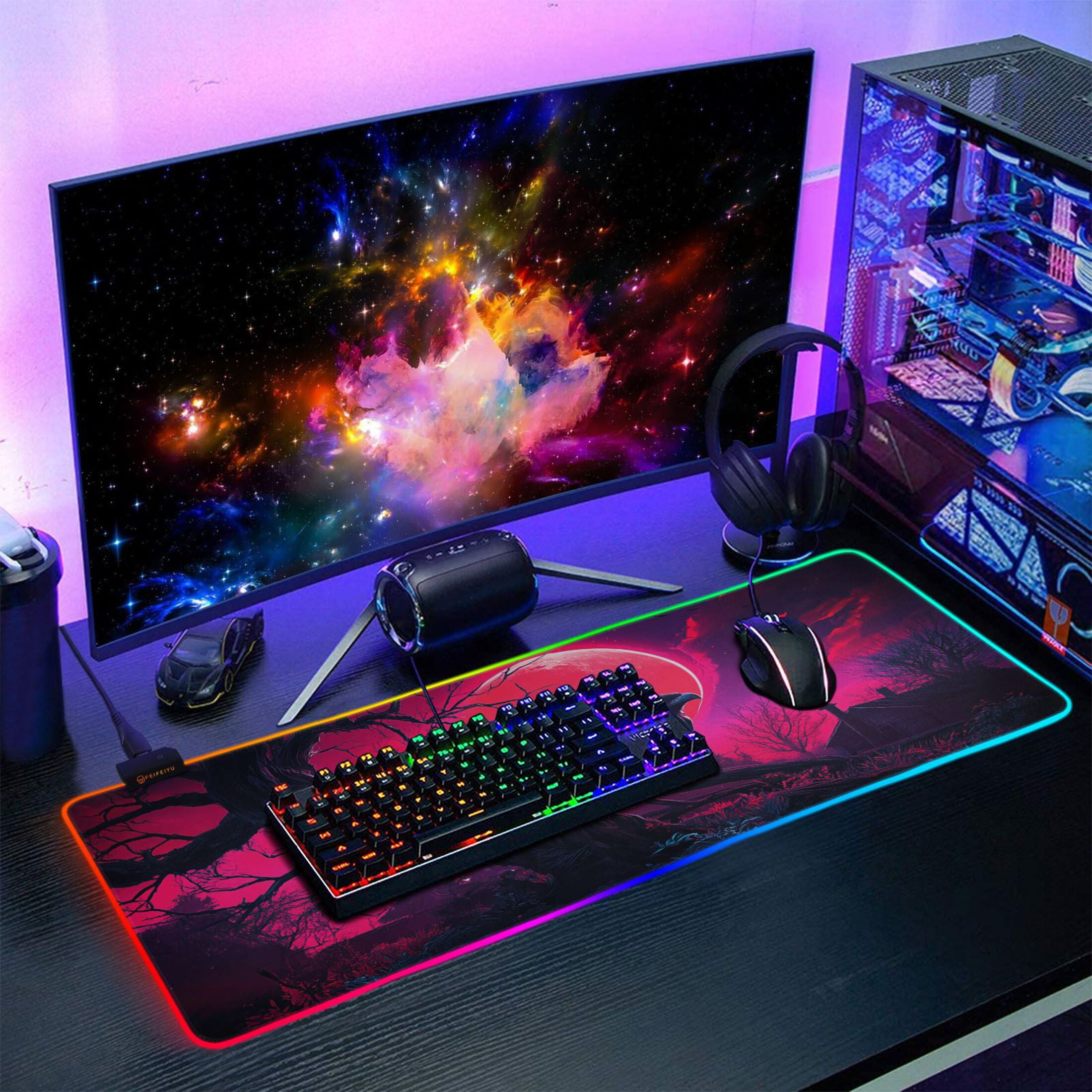 Haosy RGB Led Gaming Mouse Pad Non-Slip Large Keyboard Desk Mat 13 Light Modes 31.5x11.8 inch Crow and Red Moon