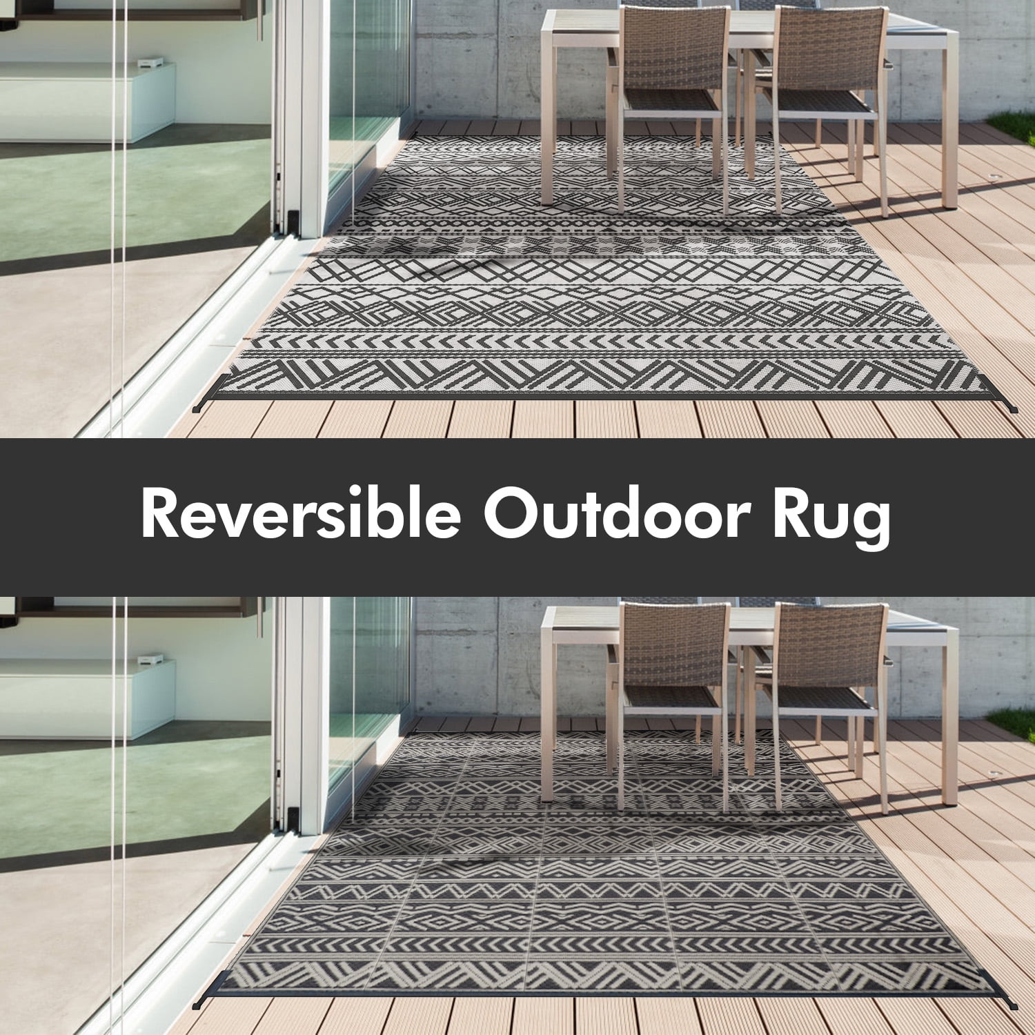 MeyJey Outdoor Rugs, 6'x9' Reversible Outdoor Area Rug, Plastic Waterproof  Floor Mat for Patio Camping RV Picnic Backyard Deck Balcony Porch Beach,  Gray 