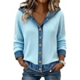 thumbnail image 2 of HBYJLZYG Women's Cardigan with Denim Patchwork Trim, Button Down Hooded Long Sleeve Relaxed Fit Ribbed Knit Casual Fall Outerwear Tops for Women Everyday Wear, 2 of 7
