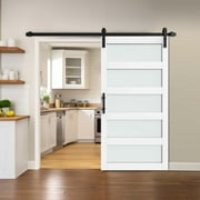 Dextrus 42"x 84" Sliding Barn Door, Single Track Sliding Barn Door with Frosted Glass Panels, Hardware Kit and Handle for Interior & Exterior Use, White