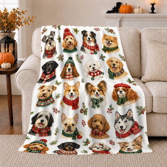 Dog Portrait Holiday, Playful Pet Portrait Pattern, Warm Flannel Blanket for Living Room and Reading Nook with Detailed Artwork, Dog Lovers Christmas Gift, Pet Lover Home Decor