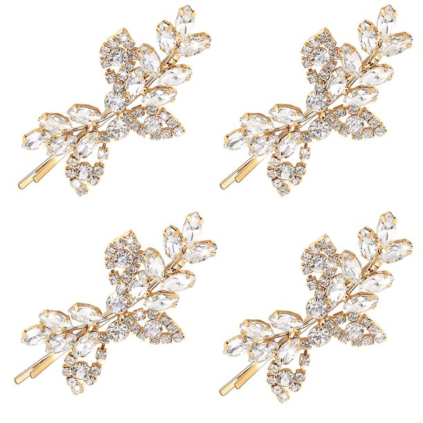 4 Piezas Horquillas para el Cabello de Novia con Diamantes de Imitación, Horquillas para el Cabello con Hojas para Boda, Horquillas para el Cabello con Perlas y Cristales para Novia, Pasadores co