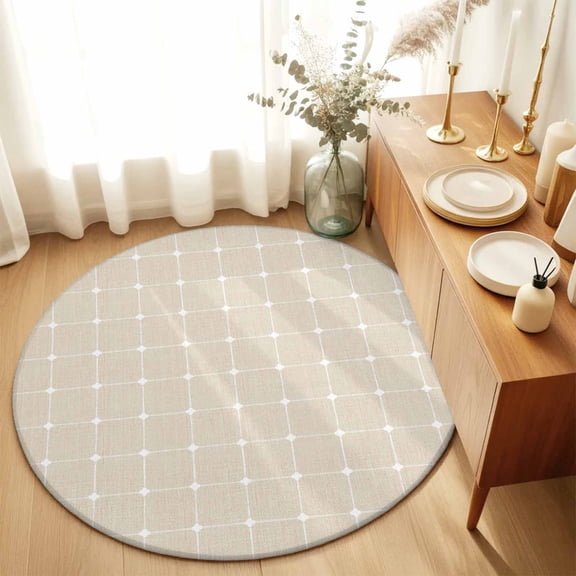 Beige White Gingham Round Area Rug 4 FT, Non Slip Indoor Outdoor Rug, Modern Minimalist Geometric Plaid Washable Soft Circular Carpet Non-Shedding Floor Mat for Coffee Table Nursery Foyer Balcony