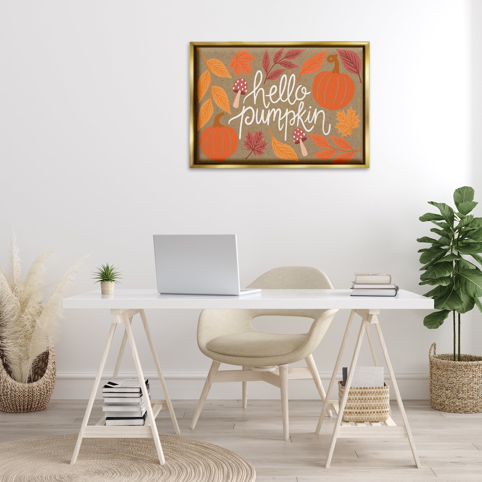 Stupell Industries Rustic Hello Pumpkin Plants & Flowers Painting Gold Floater Framed Canvas Art Print Wall Art, 31 x 21