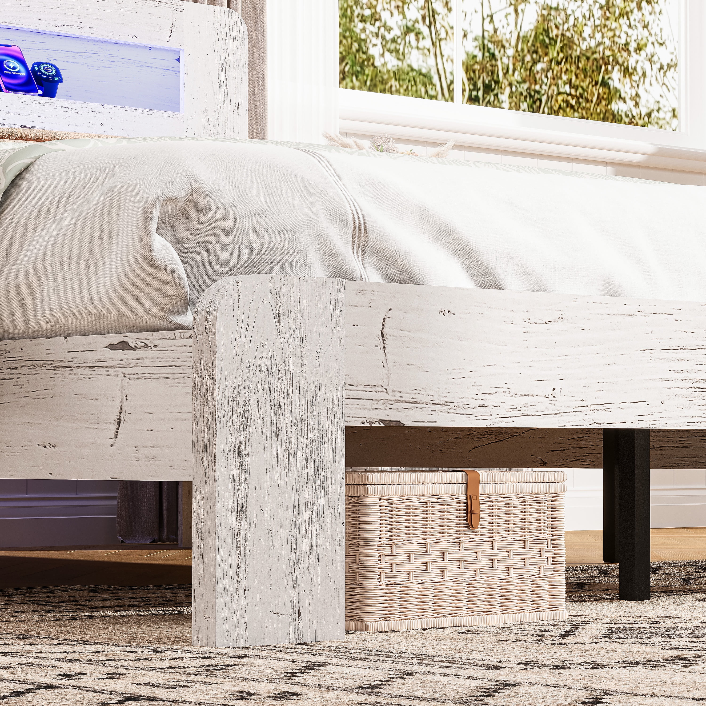 SESSLIFE Queen Size Bed Frame with Storage, Wood Platform Bed Frame with Charging Station and LED Light, Vintage Queen Bed Frame with Headboard and Wood Slats, No Box Spring Needed, White/Grey