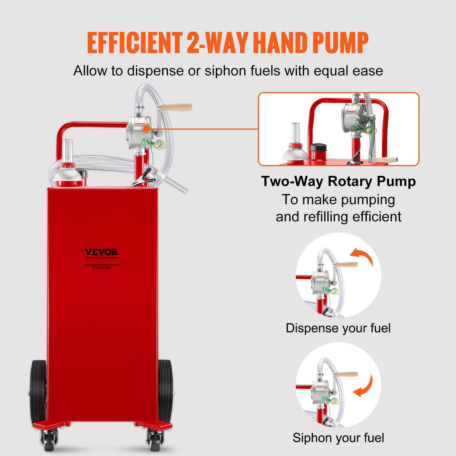 35 Gallon Red Fuel Caddy with Manual Transfer Pump 4 Wheel Gas Diesel Storage Tank for Cars Lawn Mowers ATVs Boats