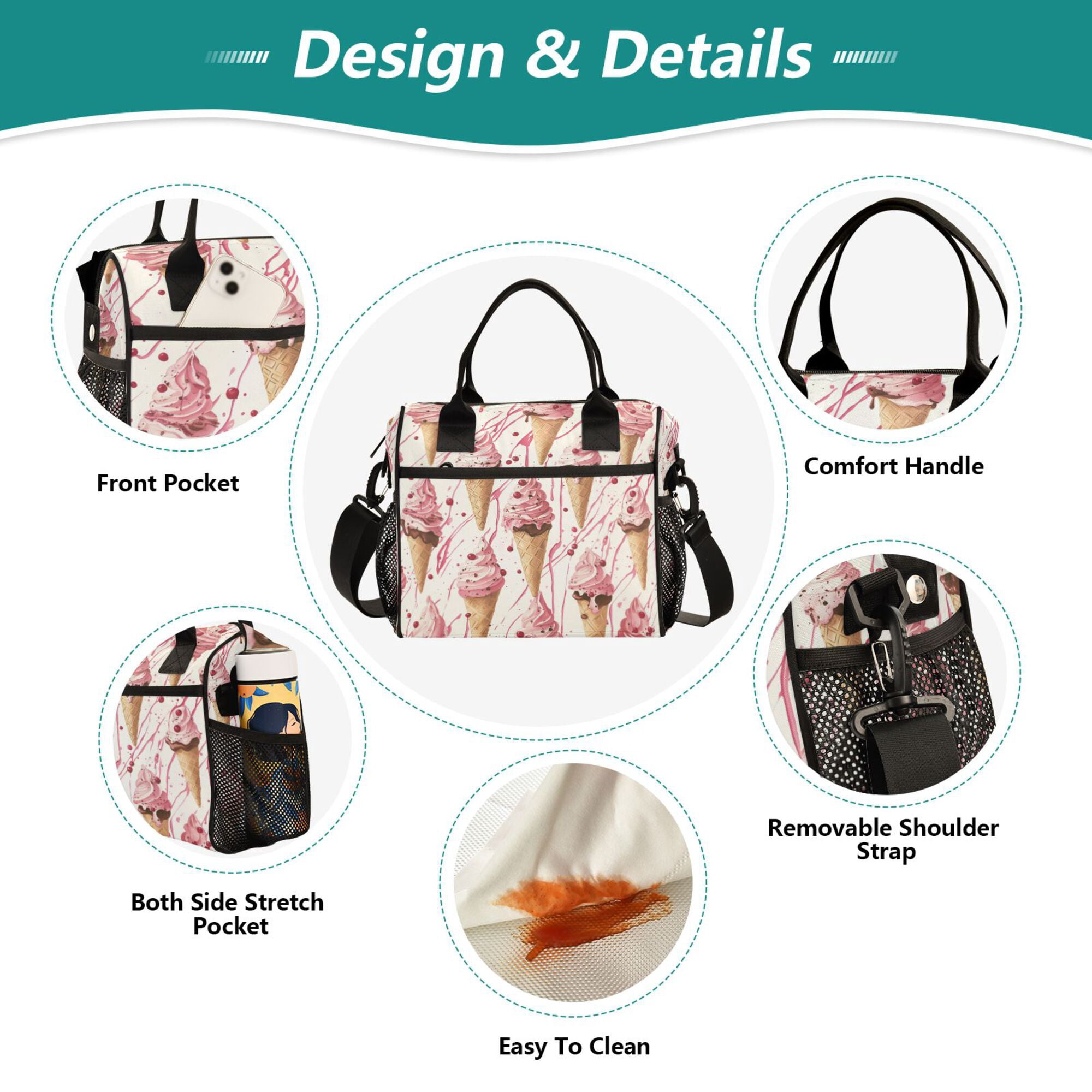 FORMRS Insulated Lunch Bag for Work School Unisex Large Capacity Cooler with Shoulder Strap, Pink Ice Cream Pattern