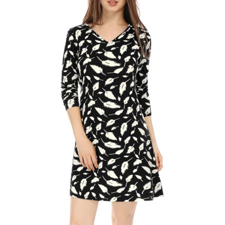 Unique Bargains Women V Neck Long Sleeves Feather Print Mini Dress ...