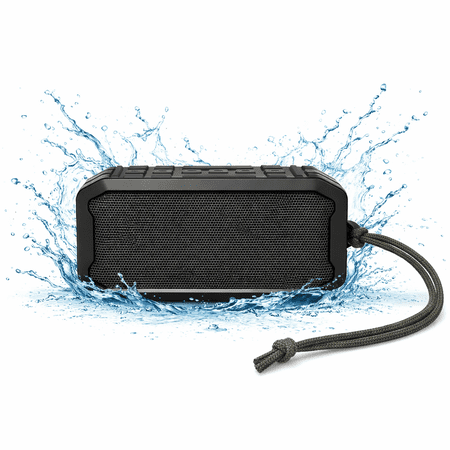 Portable Bluetooth Speaker IPX7 Waterproof, 360° Surround Sound, 8 hours playback, 5W HD Sound, Bluetooth 5.0, TF Card, AUX, USB, FM Support, Hands-Free Calling, Speaker with Rope - Black