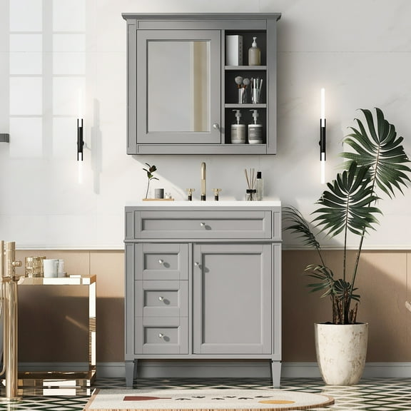 30'' Bathroom Vanity with Top Sink, Modern Bathroom Storage Cabinet with 2 Drawers and a Tip-out Drawer, Freestanding Vanity Set with Mirror Cabinet, Single Sink Bathroom Vanity
