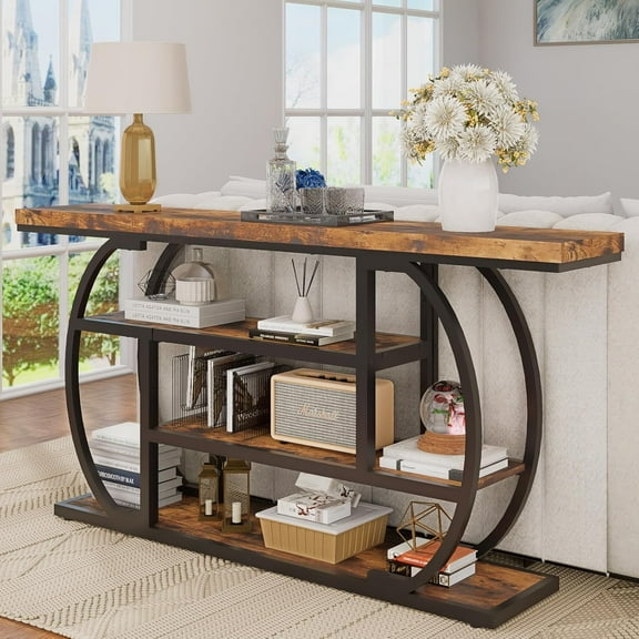 63 Inch Long Console Table Industrial Sofa Table Behind Couch Narrow Entryway Tables Living-Room Hallway Foyer Accent Table 4 Tier Display Shelves Metal Frame