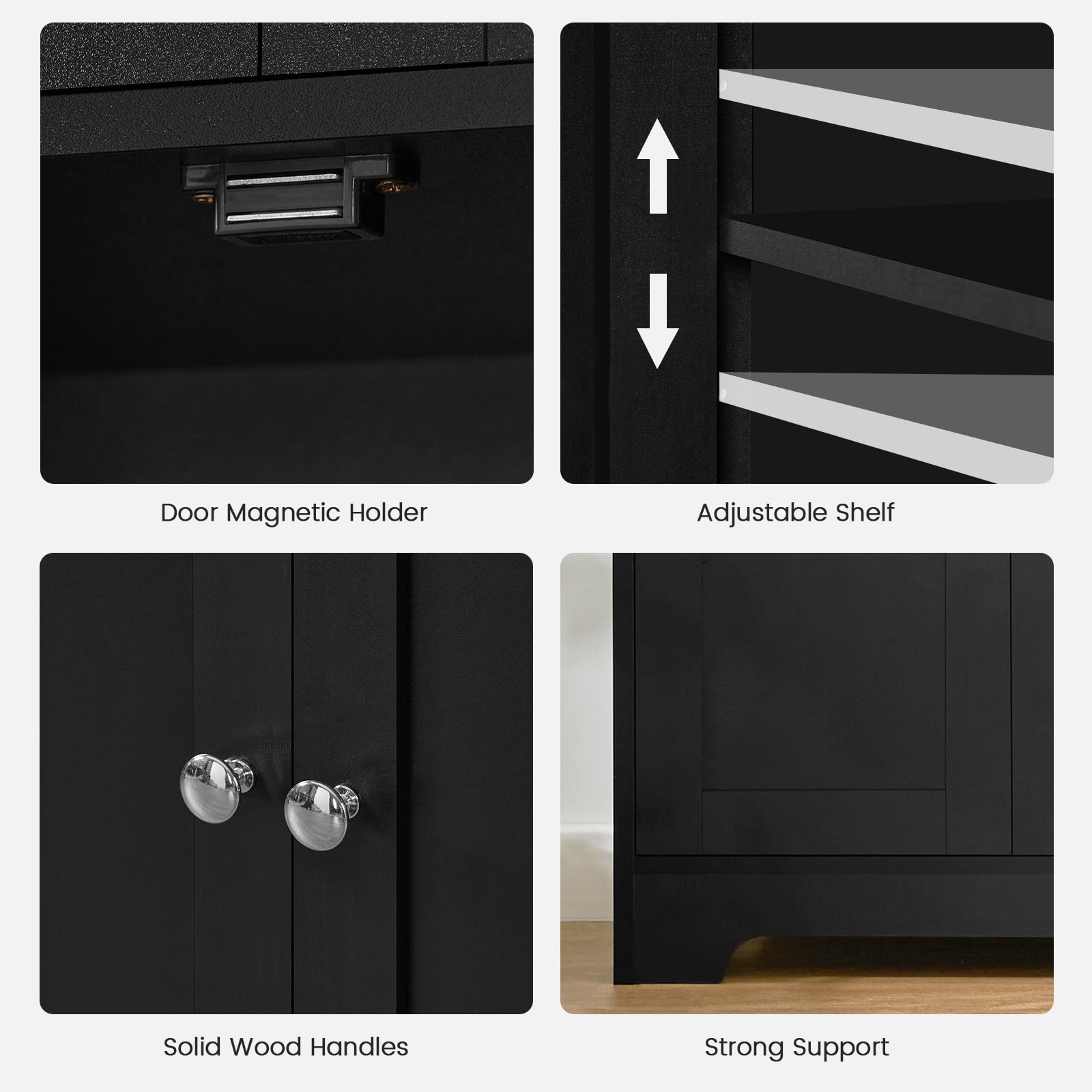 TEENFON Black Storage Cabinet with 2 Adjustable Shelves & 4 Doors, Freestanding Bathroom Storage Cabinet, Cupboard, Floor Cabinets for Living Room, Entryway, Home Office