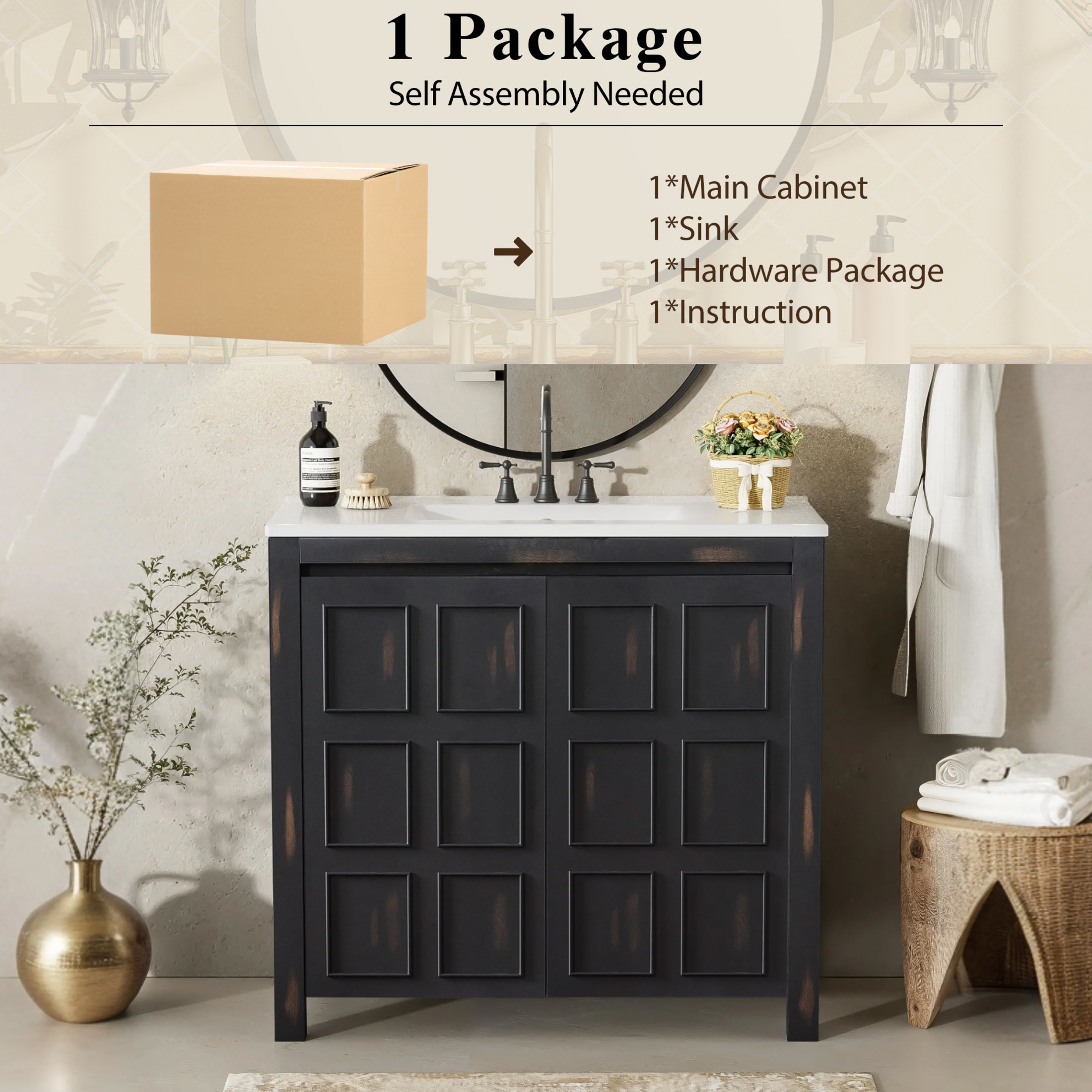 Noble House 72" Retro Dual Bathroom Vanity Set of 2, Ceramic Sinks, Soft-Close Doors & Adjustable Shelf, Espresso