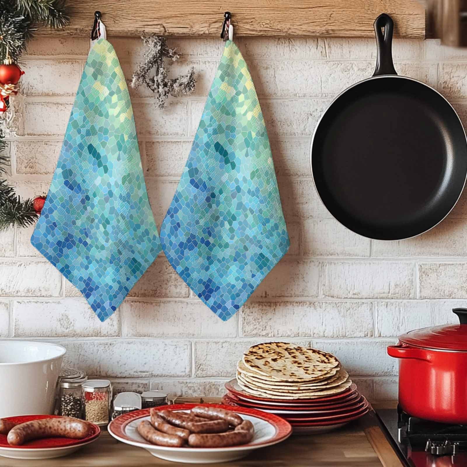 Turquoise Blue Teal Kitchen Towels Set of 2, Chic Stained Glass Texture Aesthetic Absorbent Dish Towels for Kitchen, Microfiber Hand Towel, Quick Drying Tea Towel for Cleaning Decorative Dishcloths