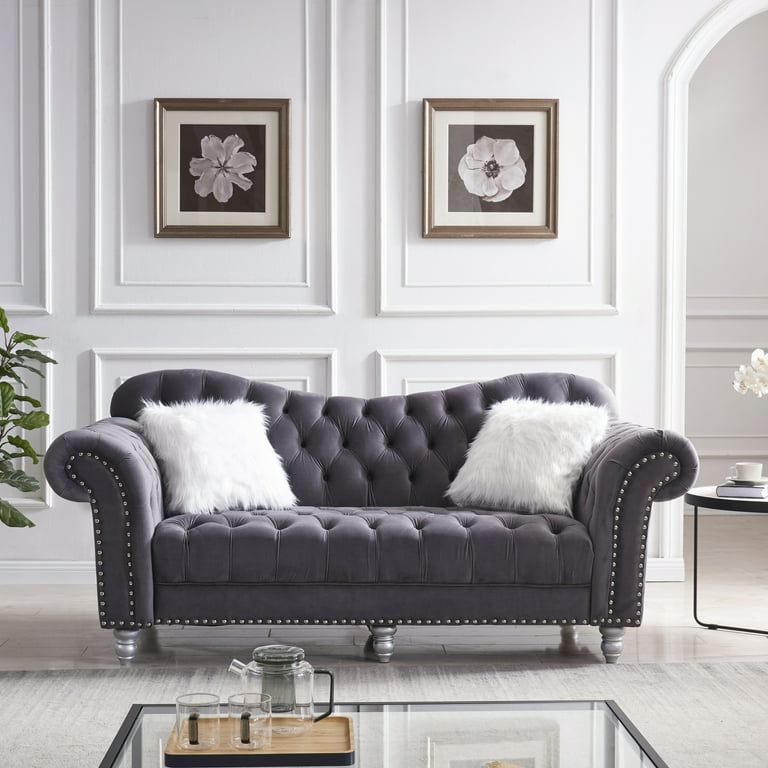 Clearance 3 Piece Living Room Sofa Set including 3 Seater Sofa Loveseat and Sofa Chair with Button and Copper Nail on Arms and Back Five White