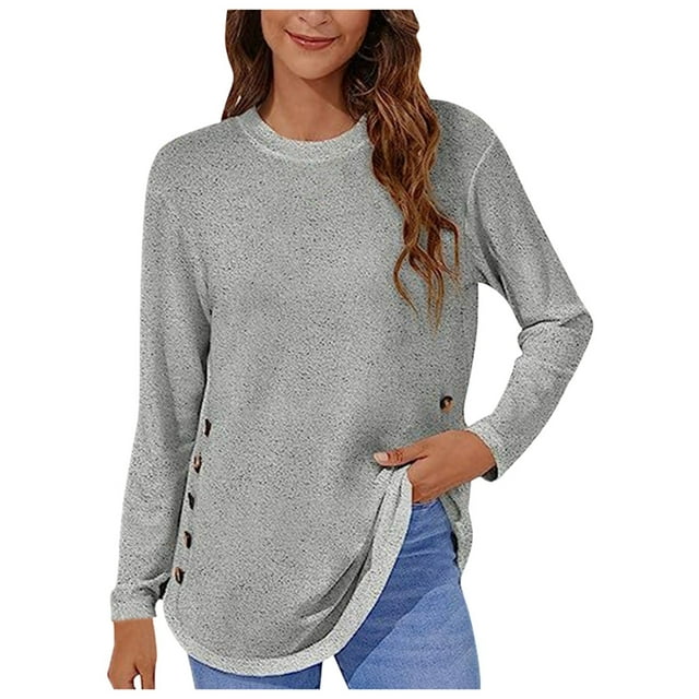 T-shirts à Manches Longues pour Femmes, Tuniques pour Femmes, Automne, Coupe Ample, Blouses à Col Rond Boutonné, Tenue de Bureau Décontractée, Gris, P