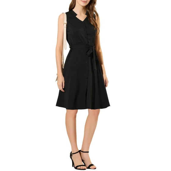 INSPIRE CHIC Women's Solid Sleeveless V Neck Summer Midi Button Front Tie Waist Midi Dress Black L