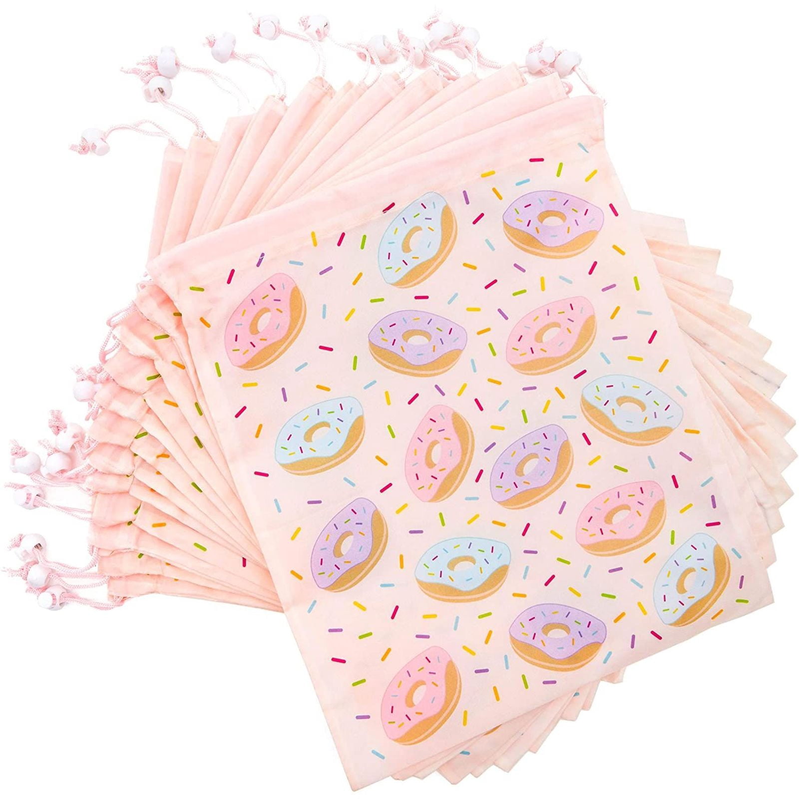 12 Pack Donut Kids Party Favor Bags, Drawstring Gift Package Goodie Treat Bag Pouch, Girls Boys Birthday Donut Party Supplies Favors Decorations, 12 x 10 in