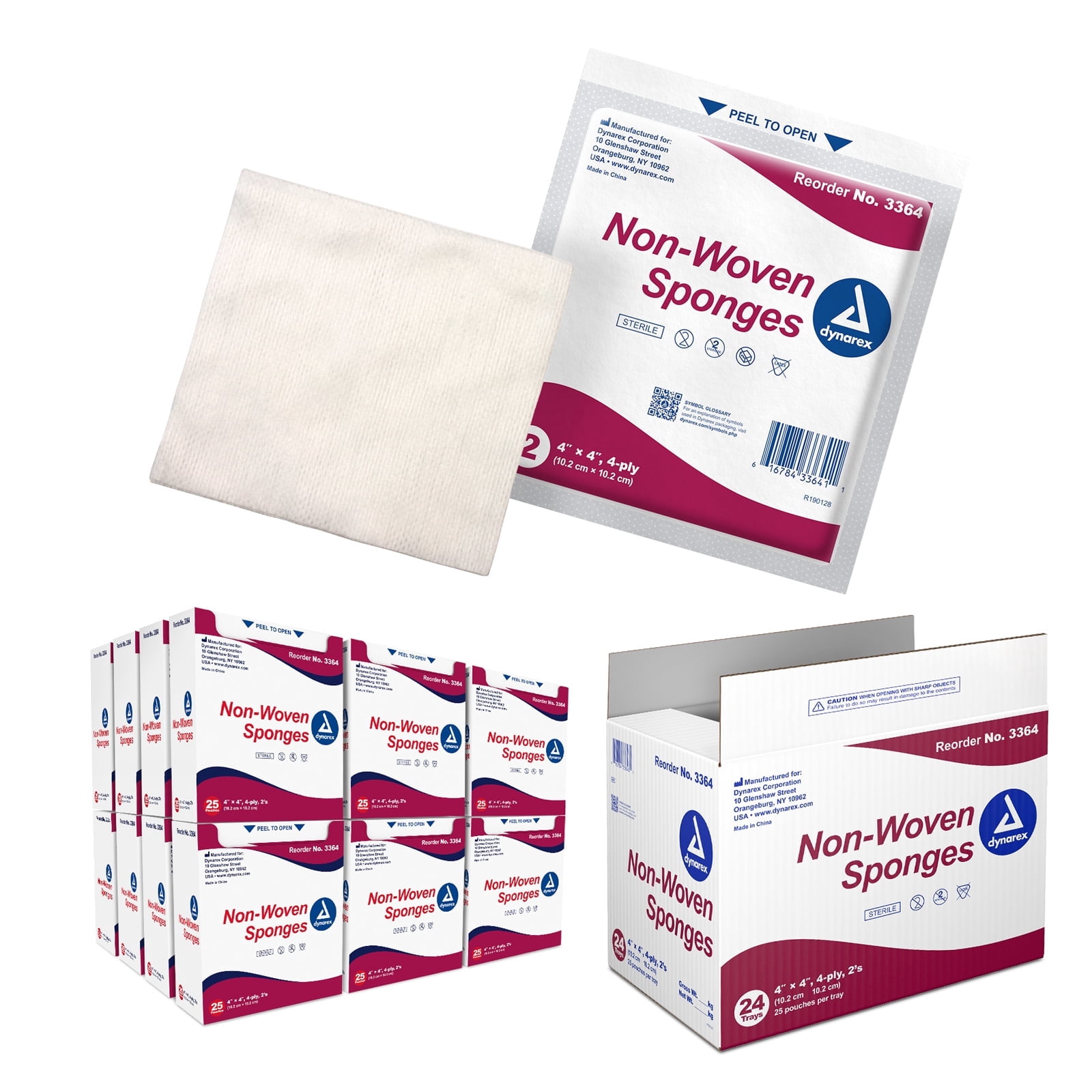 Dynarex Non-Woven Sponges, Sterile Gauze Sponges, Highly-Absorbent with Less Linting, 4" x 4", 4 Ply, 1 Case of 600 Non-Woven Sponges (24 Boxes of 25)