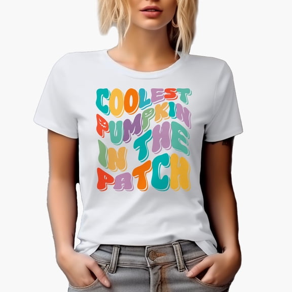 Coolest Pumpkin in the Patch, Autumn or Fall Themed Quote, Groovy Retro Wavy Text Merch Gift, White T-Shirt, Small