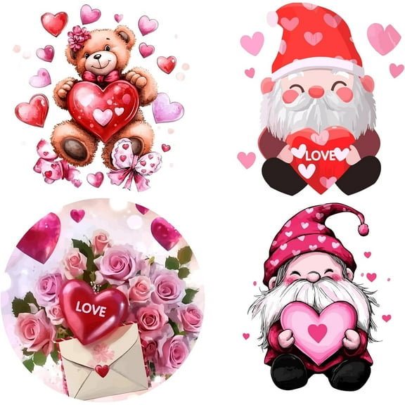 4Pcs 4 Styles 6.3 Valentine's Day Window Stickers Plastic PVC Reusable Static Red Love Heart Rose Clings Santa Claus Bear Decal for Party Home Window Door Prevent Birds Strikes