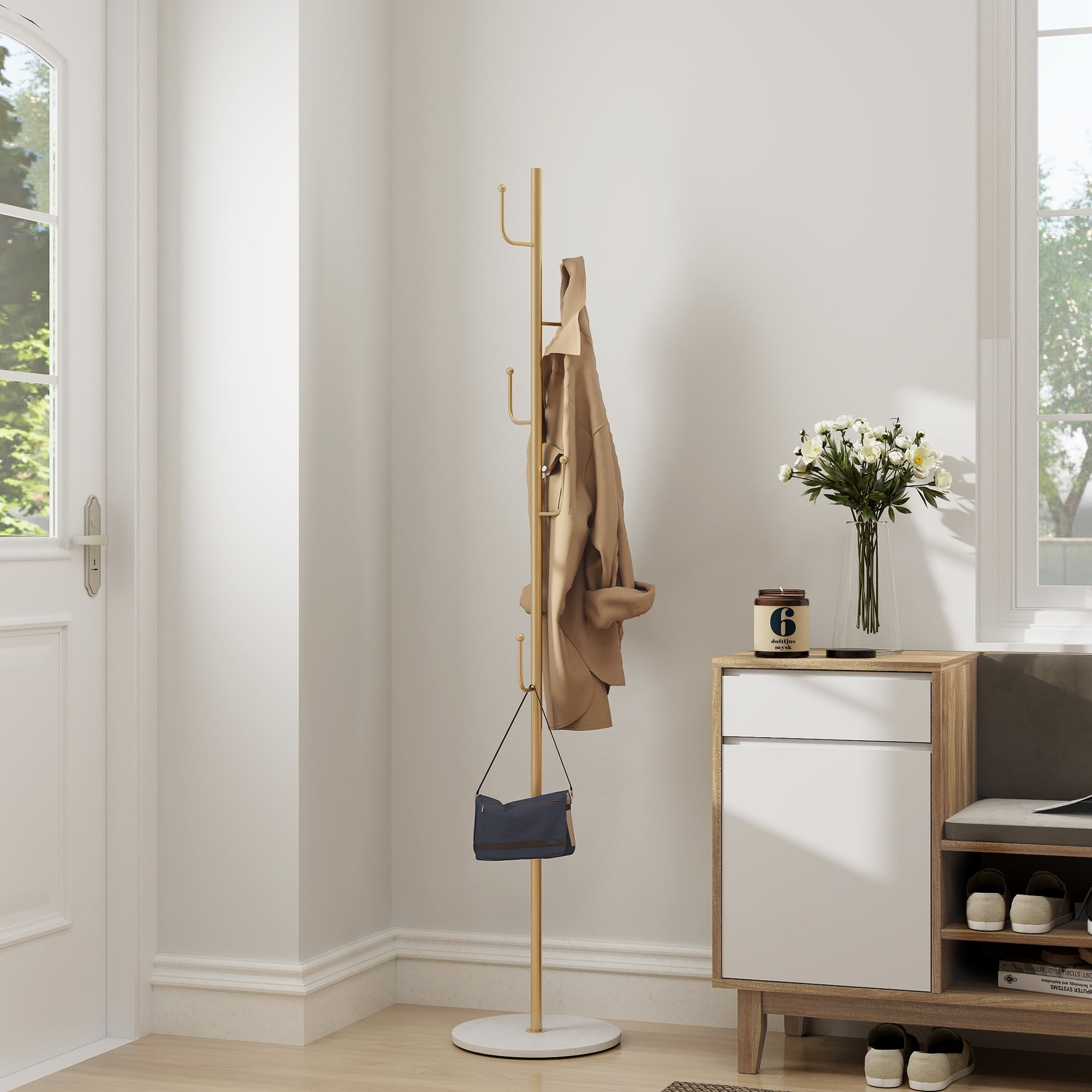 Abble Coat Rack 6 Hooks 64.5 in Freestanding Metal Coat Rack Coat and Hat Hanger Organizer Rack Garment Stand with White Stone Base for Home, Office, Entryway, Hallway, Gold