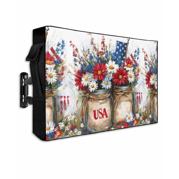 4th of July Floral Outdoor TV Cover 52 to 55 Inch Weatherproof, American Flag Red White Poppy Flowers 600D Oxford TV Covers with Waterproof Zipper, Outside Flat TV Screen Protector 52"Wx19"Hx4.5"D