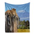 thumbnail image 1 of Africa Soft Flannel Fleece Throw Blanket, Leopard Sitting on a Tree Trunk with Mountain Range Journey up Kilimanjaro Scenery, Cozy Plush for Indoor and Outdoor Use, 50" x 70", Tan Blue, by Ambesonne, 1 of 6