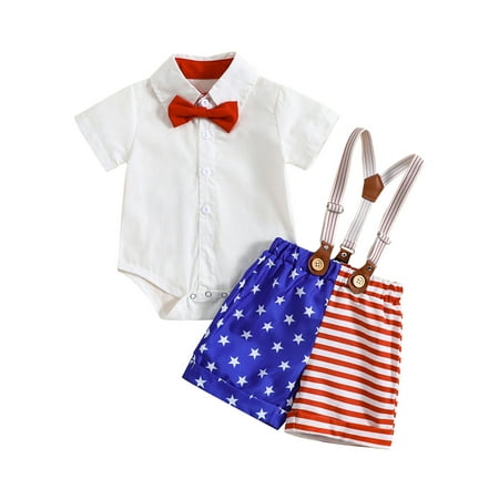 

Franhais Baby Boys 4th of July Outfits Short Sleeve Bowtie Romper + Suspender Shorts Set