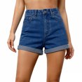 thumbnail image 5 of Women's High Waist Straight Leg Denim Shorts with Pockets Solid Color Cuffed Fit Jean Beach Vacation Shorts L, 5 of 5