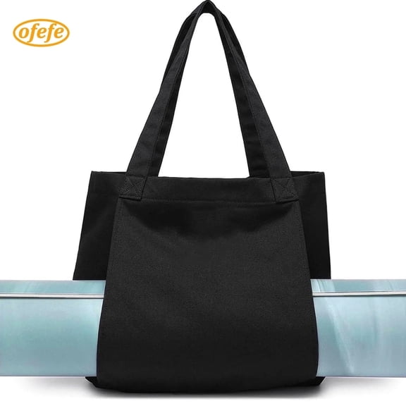 OFEFE Canvas Tote Bag with Yoga Mat Carrier Pocket Carryall Shoulder Bag for Office,Yoga Mat bag for Women,Workout,Pilates,Travel,Beach and Gym,Black