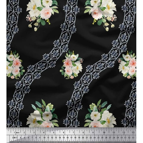 Soimoi Black Cotton Duck Fabric Camellias & Ranunculus Floral Fabric Prints By Yard 42 Inch Wide