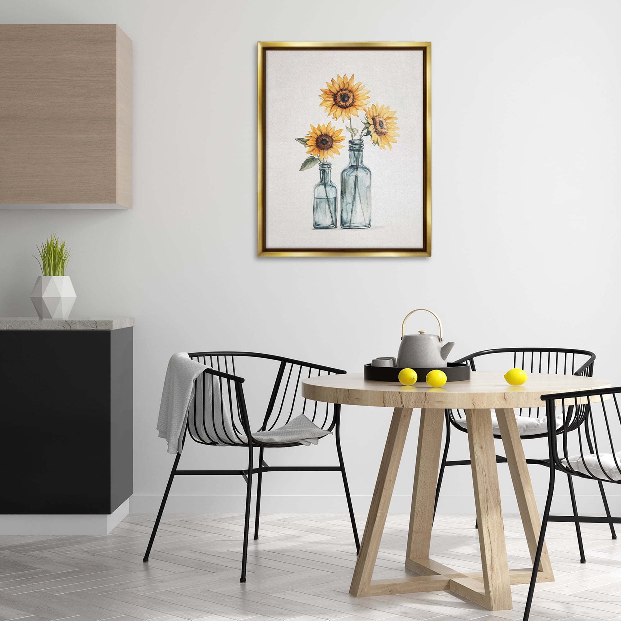 Stupell Industries Sunflowers in Bottles Trio Plants & Flowers Painting Gold Floater Framed Canvas Art Print Wall Art, 25 x 31