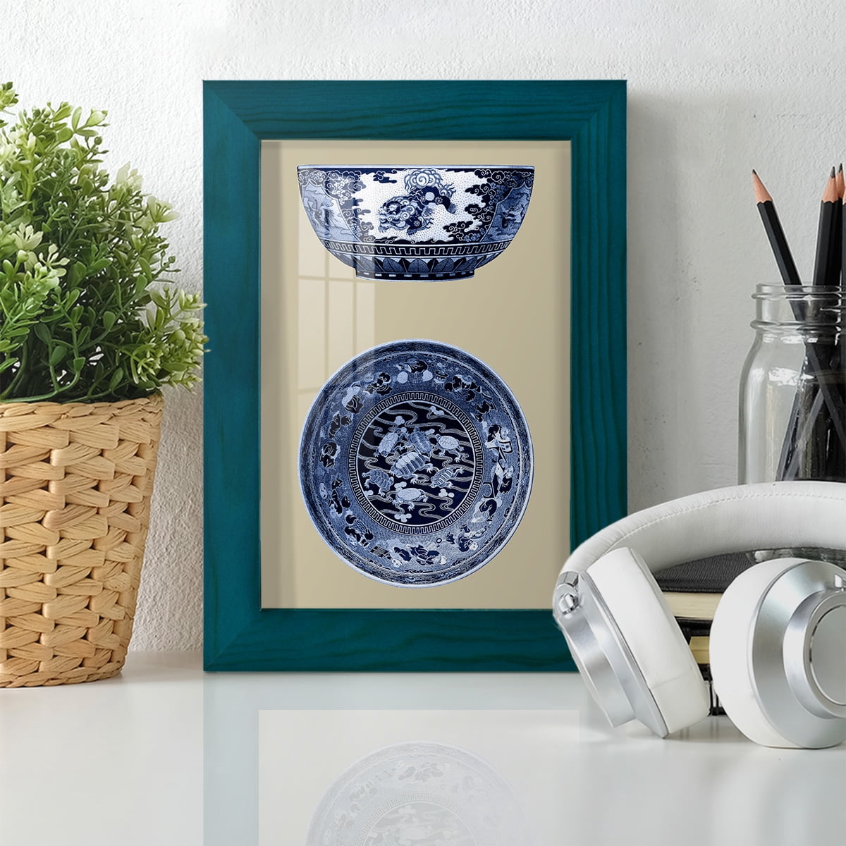 Porcelain in Blue and White I -Framed Print w/glass-Ocean Blue