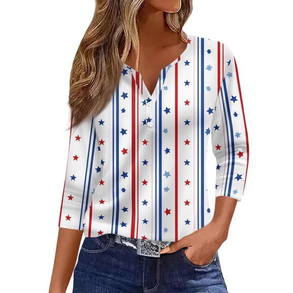 250th Anniversary USA Shirts Women 3/4 Sleeve Tshirts Loose American Flag Print Pullover 4th of July Celebration Party Tops Independence Day Patriotic V Neck 1776-2026 Blouses White M