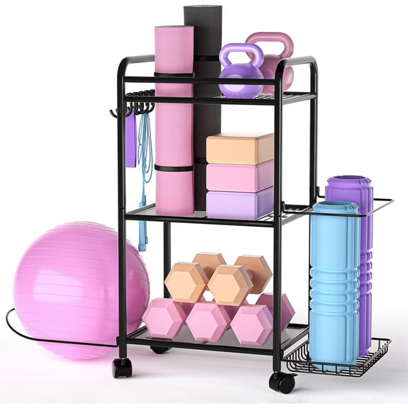 Home Gym storage Rack - Gym Equipment Storage Rack for Yoga Mat Yoga Ball Dumbbells Kettlebells Foam Roller Yoga Strap and Resistance Bands Workout Equipment Organizer
