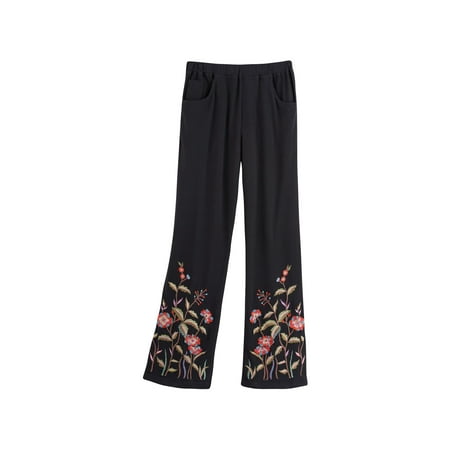 April Cornell Women's Floral Embroidered Black Knit Pants -Pockets Elastic Waist
