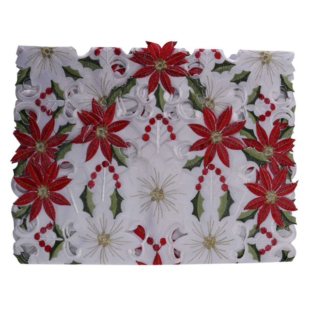 4X Chemin de Table Brodé de Noël, Chemin de Table de Luxe Houx Poinsettia, 15 x 70 Pouces