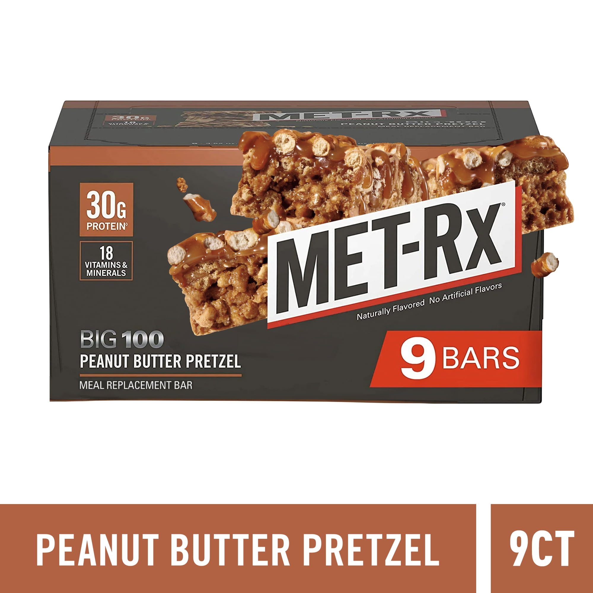 MET-Rx Big 100 Protein Bar, Peanut Butter Pretzel, 30g Protein, 9 Ct