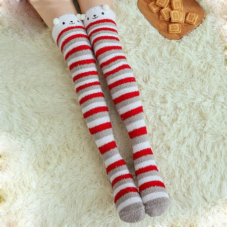 

Women Socks Winter Womwn Coral Fleece Socks Over The Knee Thicken Warm Sleeping Towel Striped Socks Christmas Gifts Socks for Women