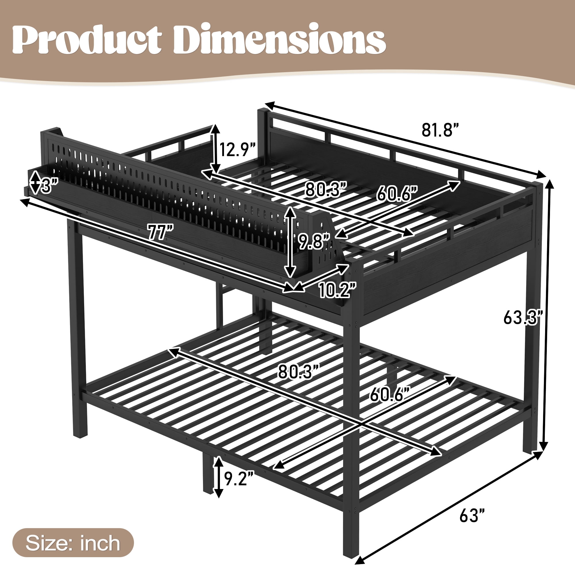 Leumius Queen over Queen Size Bunk Bed with Storage Shelves and Pegboard,Heavy Duty Metal Bunk Bed with USB Ports and LED Lights,Space-Saving,Black