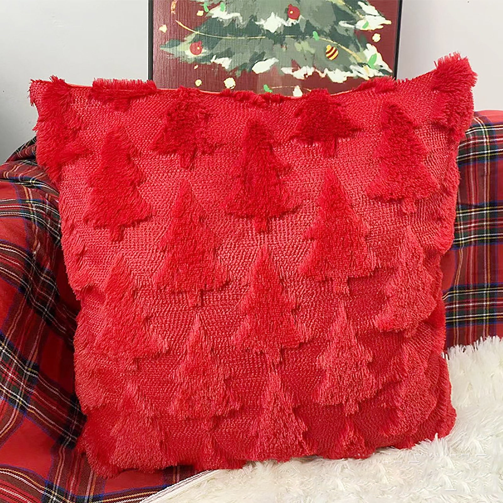 Christmas Pillow Covers 18x18 Inch Set of 4 Soft Plush Faux Fur Christmas Tree Decorative Couch Cushion Case Throw Pillows Pillowcases for Couch Sofa Holiday Festivals Winter Decor