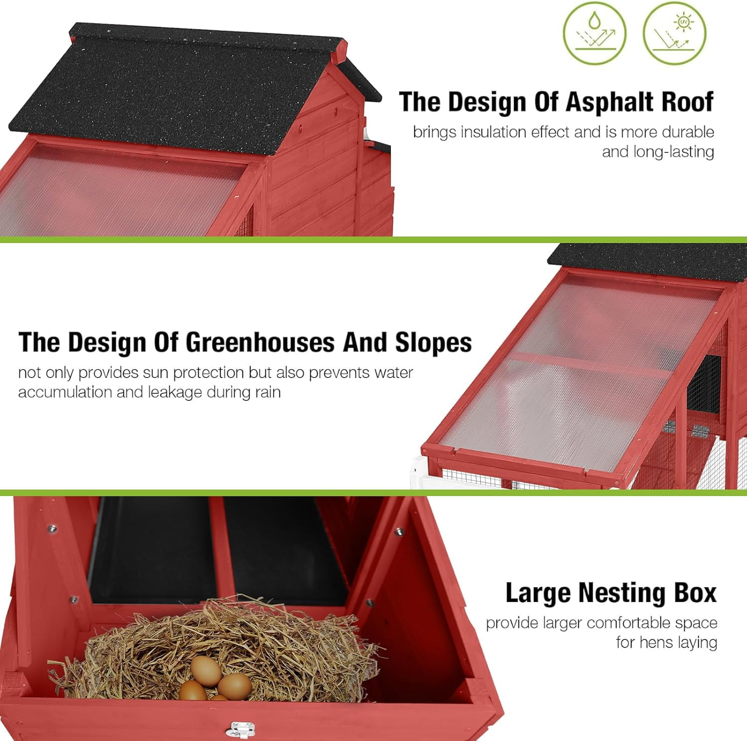 MEDEHOO Chicken Coop Mobile Chicken House On Wheel Outdoor Rabbit Hutch for 2-4 Chickens 67"(Red)